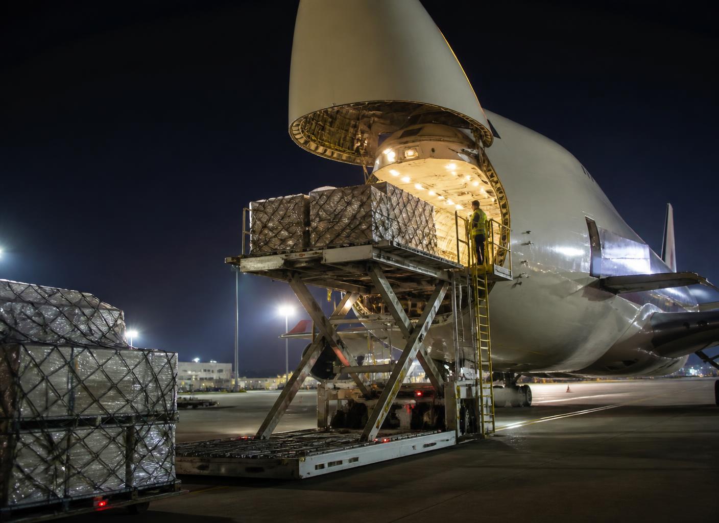 Air cargo pallets loaded into a freighter aircraft